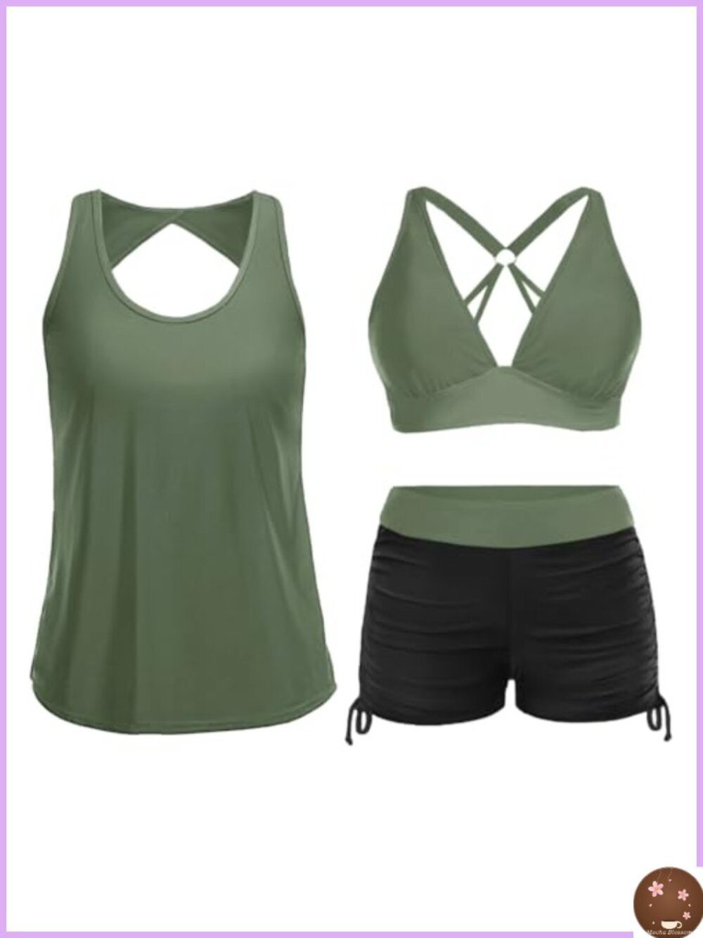 3-Piece Athletic Tankini with Boyshorts & Sports Bra